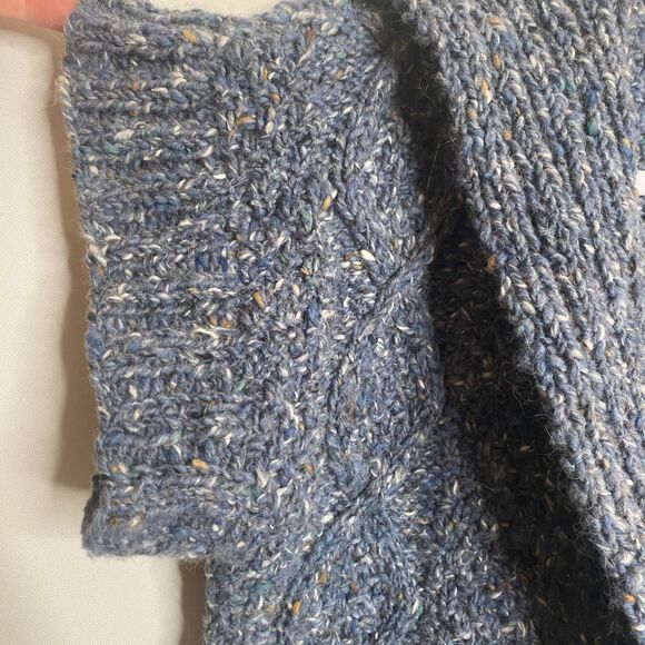 Handmade Cable Knit Shawl Collar Blue Speckled Yarn Cardigan Ribbed Sleeve Small - Picture 4 of 10